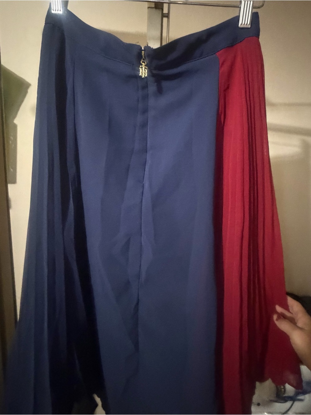 Tommy Hilfiger Navy & Burgundy Asymmetrical Pleated Maxi Skirt